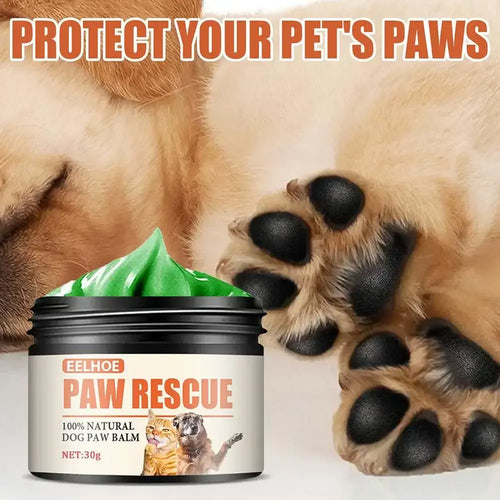 Dog Paw Balm container with a dog beside it, promoting paw protection for pets.