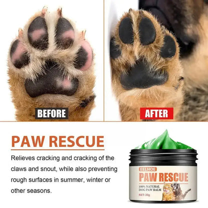 Before and after image of dog paw showing improvement with 100% natural paw balm for cracked pads.