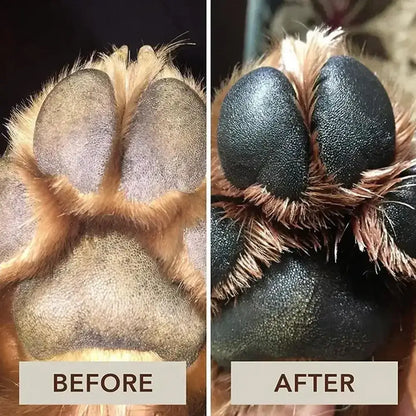 Before and after comparison of dog paw showing improvement in health and appearance with paw balm treatment.