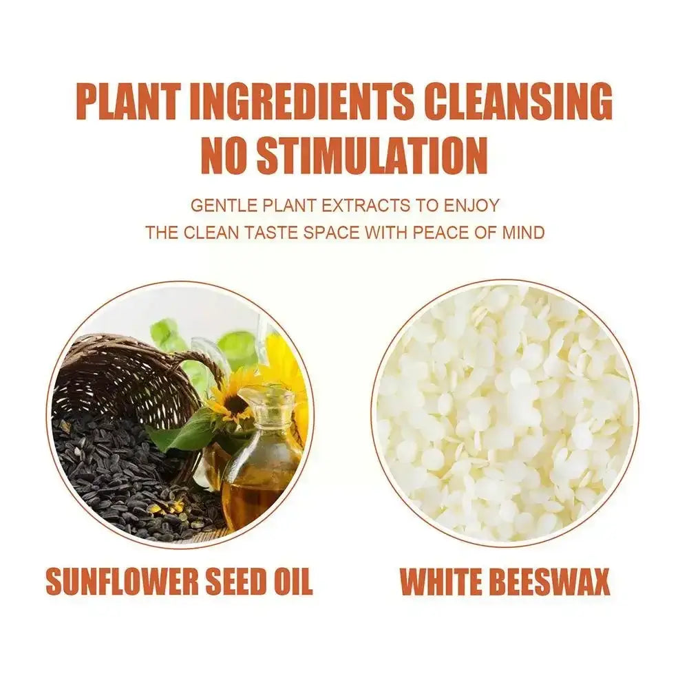 Image of sunflower seed oil and white beeswax with text about gentle plant ingredients for cleansing.