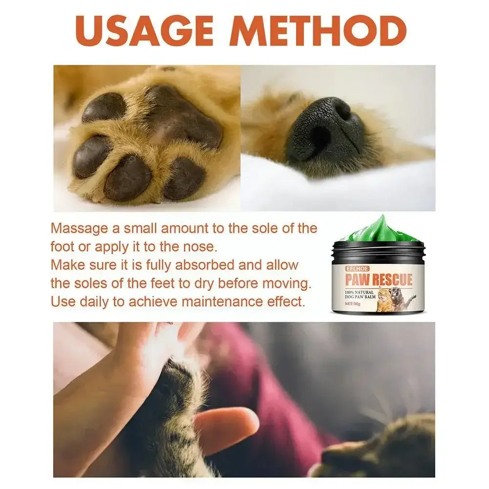 Usage method for dog paw balm: massaging paws, applying to nose, and ensuring full absorption.